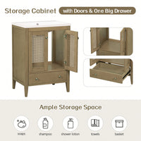 24 Inch Rattan Bathroom Vanity Base With Doors And Drawer Solid Frame And MDF Board Natural Finish