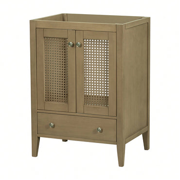24 Inch Rattan Bathroom Vanity Base With Doors And Drawer Solid Frame And MDF Board Natural Finish