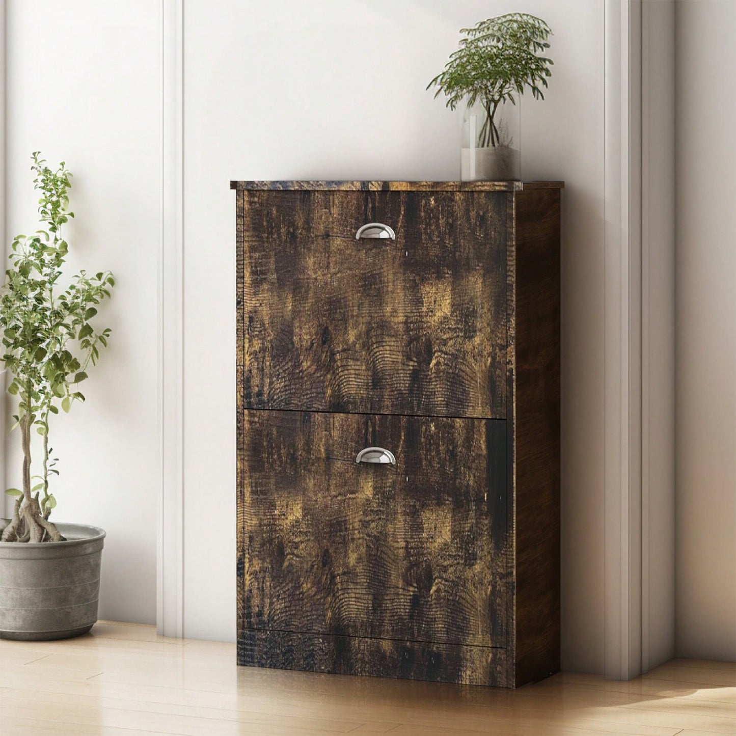 Slim Hidden Shoe Rack Cabinet With 2 Drawers For Entryway Foyer Hallway Bedroom In Retro Original Wood Color