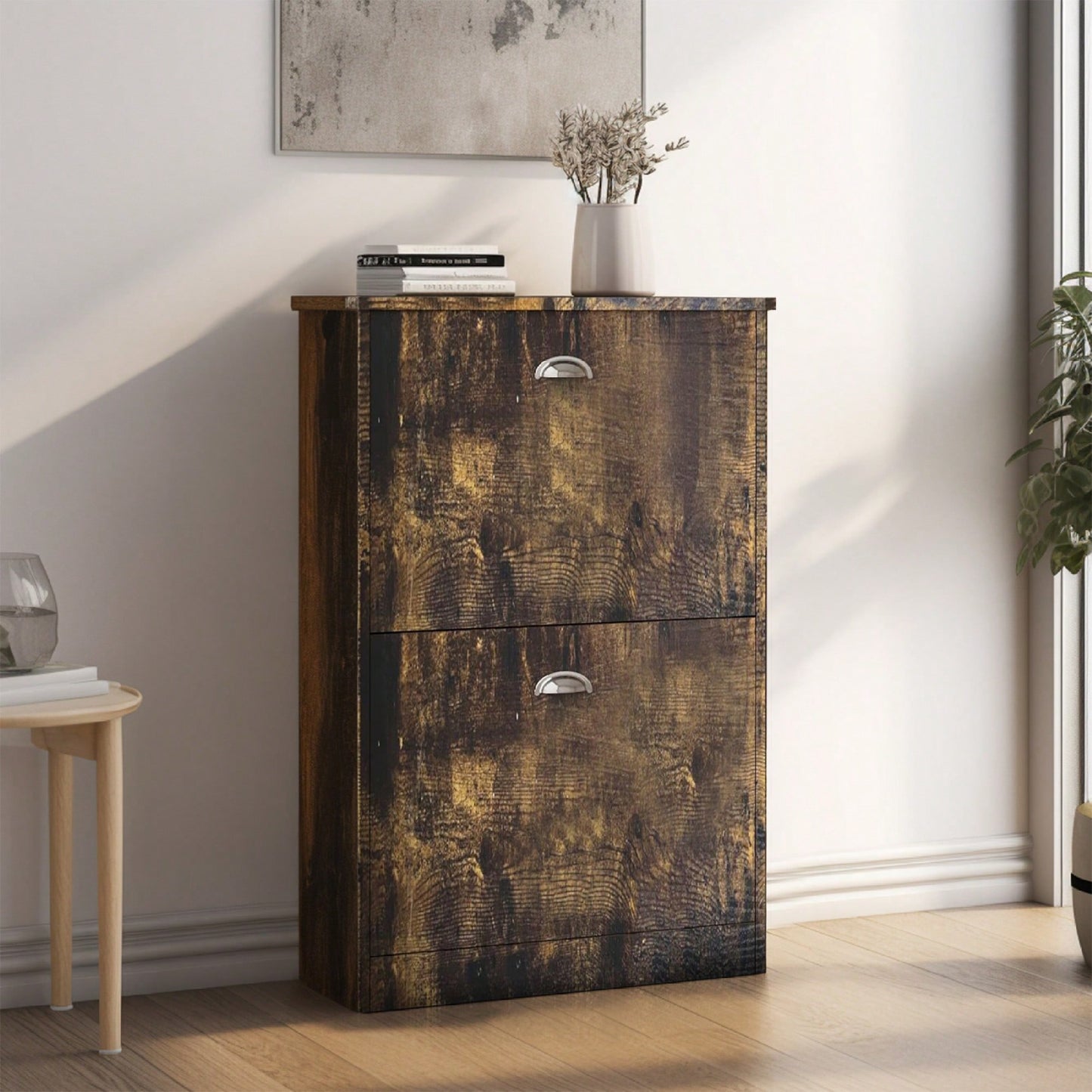 Slim Hidden Shoe Rack Cabinet With 2 Drawers For Entryway Foyer Hallway Bedroom In Retro Original Wood Color