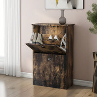 Slim Hidden Shoe Rack Cabinet With 2 Drawers For Entryway Foyer Hallway Bedroom In Retro Original Wood Color