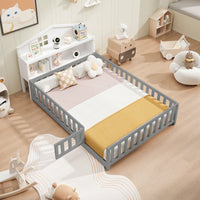 Headboard Storage Cabinet For Full-Size Montessori Floor Bed With Customizable Design Grey