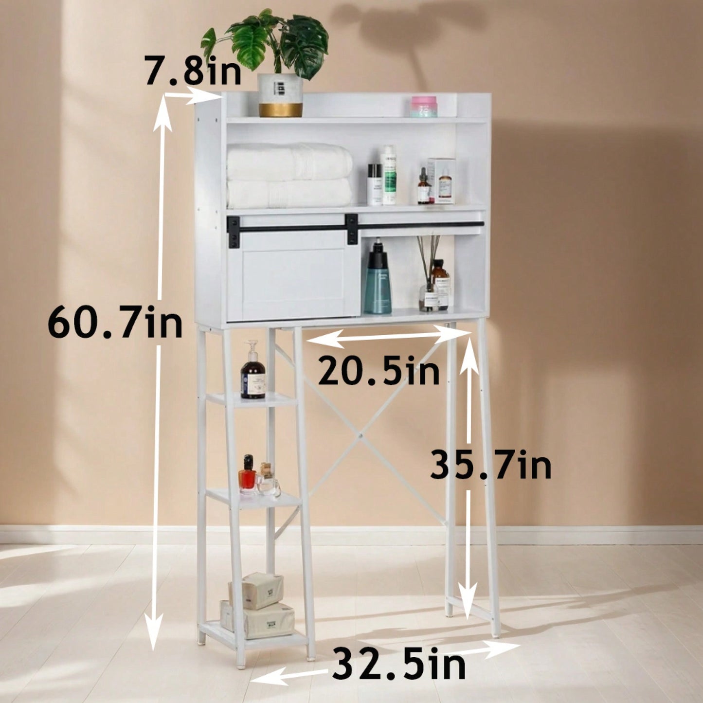 Space-Saving Over Toilet Storage Cabinet With Sliding Door And Toilet Paper Stand For Bathroom And Laundry Organization