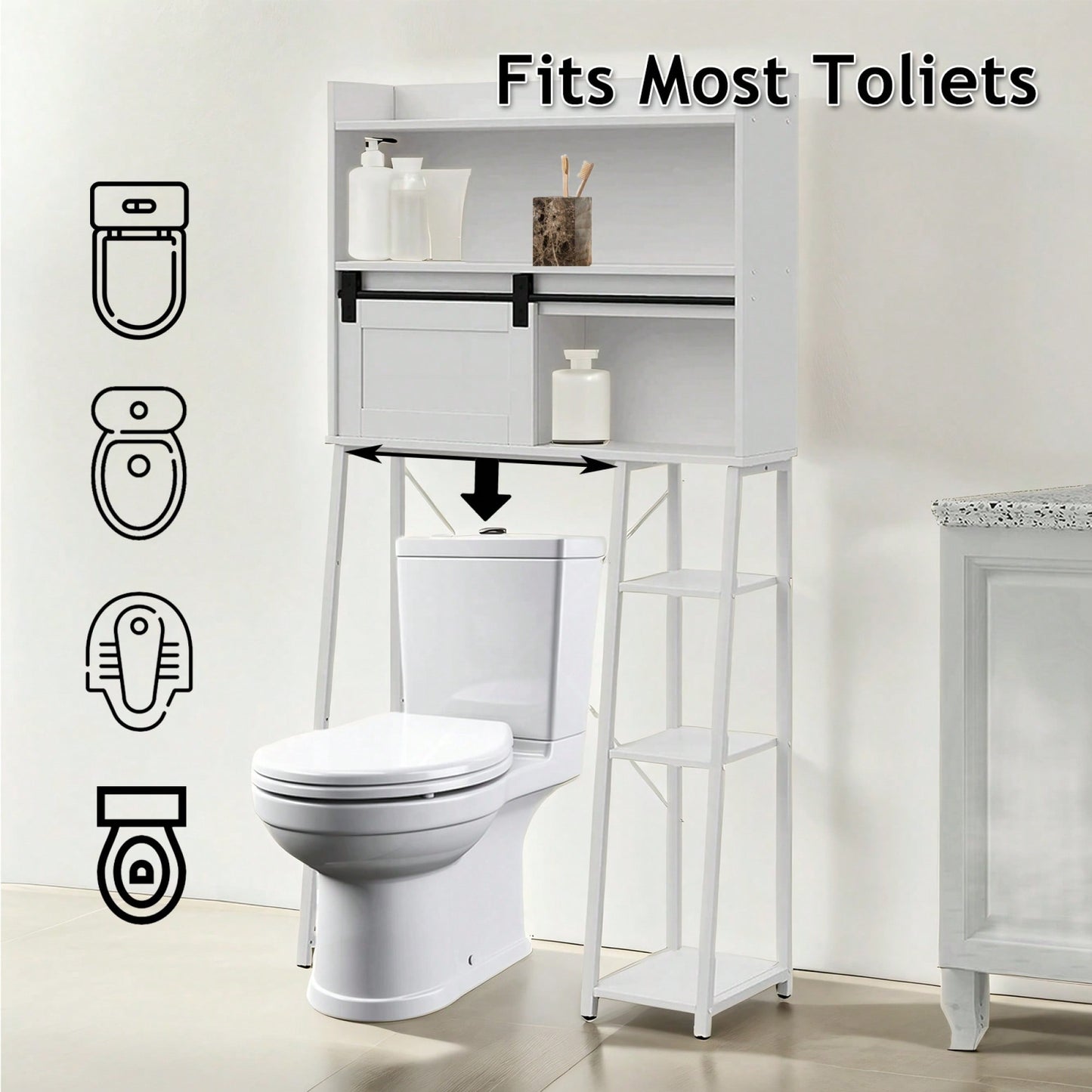 Space-Saving Over Toilet Storage Cabinet With Sliding Door And Toilet Paper Stand For Bathroom And Laundry Organization