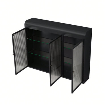 3 Door Arched Wall Mounted Glass Cabinet For Kitchen Living Room And Bathroom In Black Finish