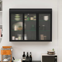3 Door Arched Wall Mounted Glass Cabinet For Kitchen Living Room And Bathroom In Black Finish