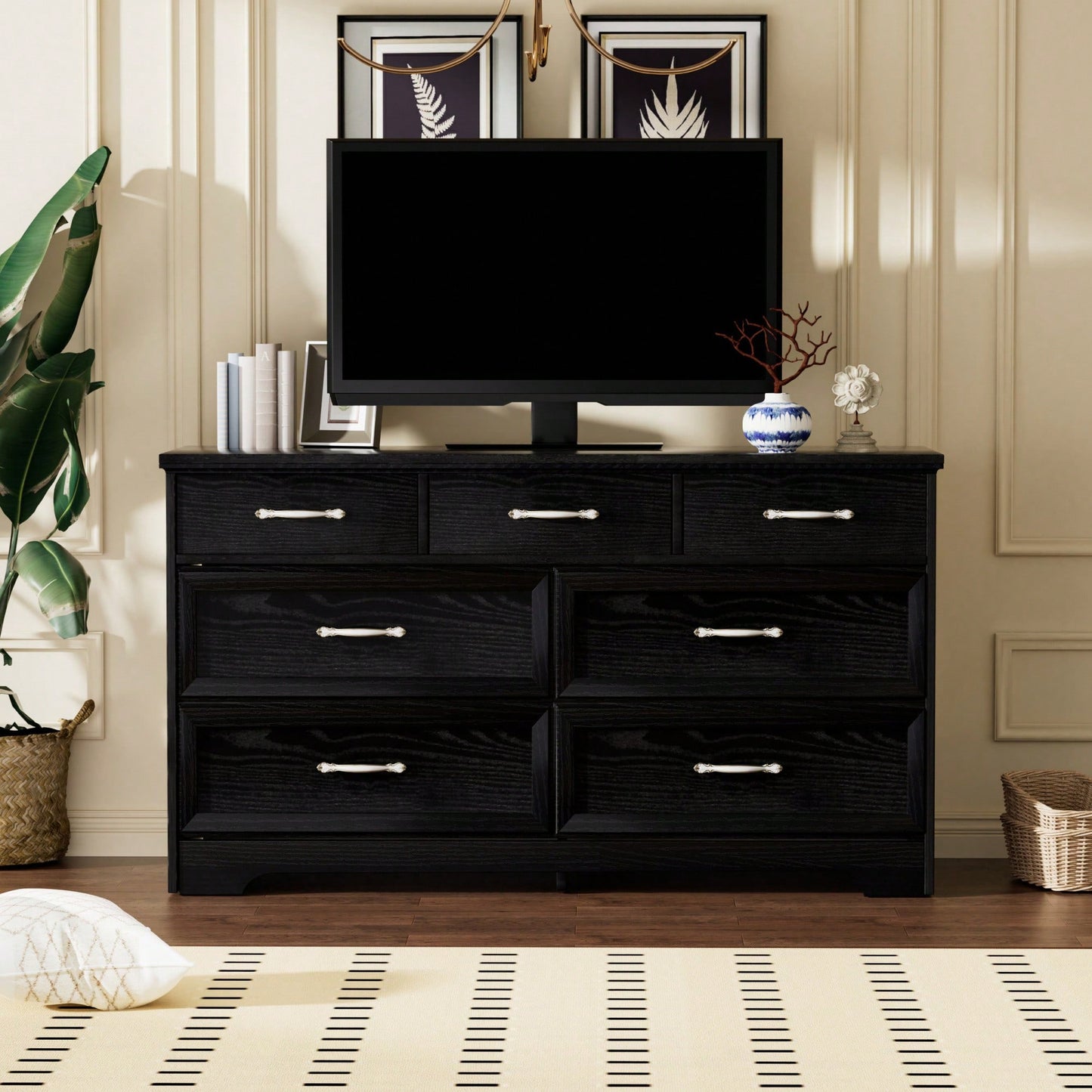 Modern 7 Drawer Dresser For Bedroom And Living Room Storage With Metal Pulls, Black