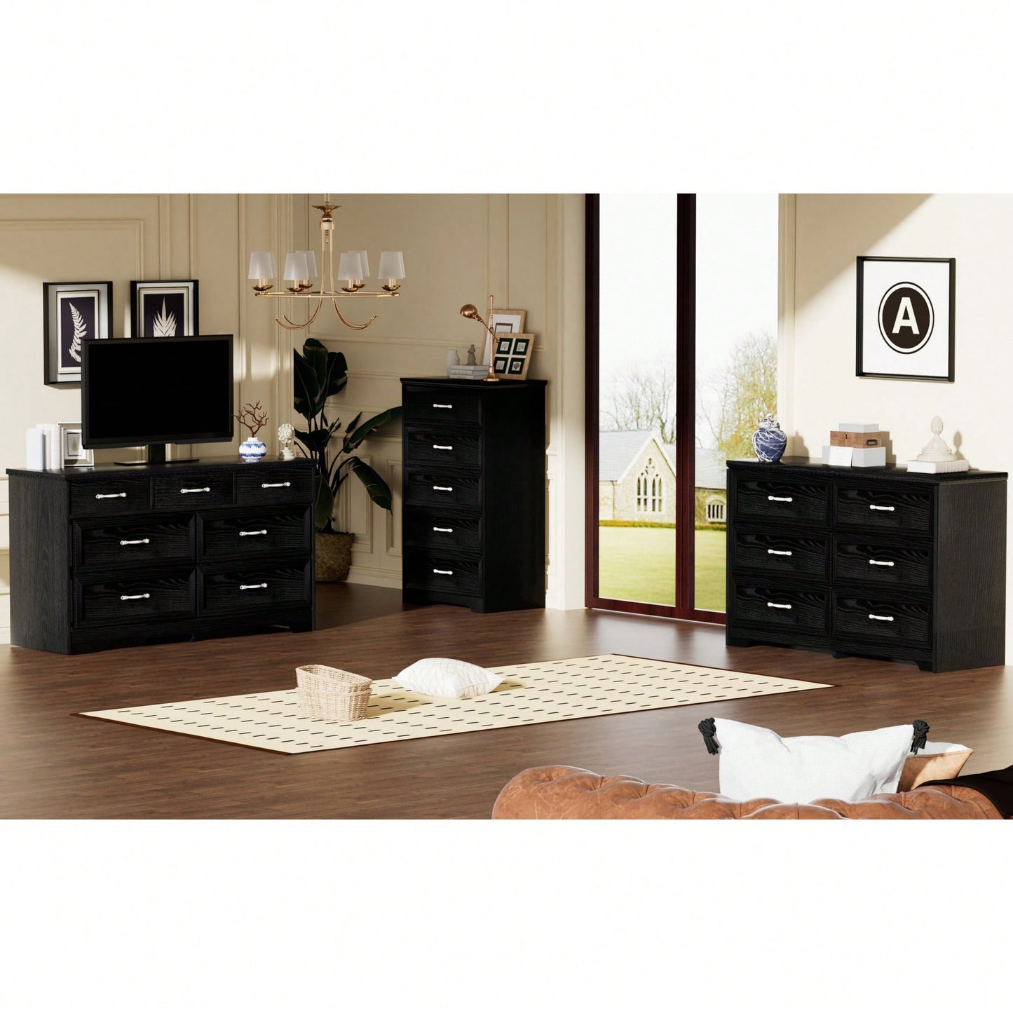 Modern 7 Drawer Dresser For Bedroom And Living Room Storage With Metal Pulls, Black