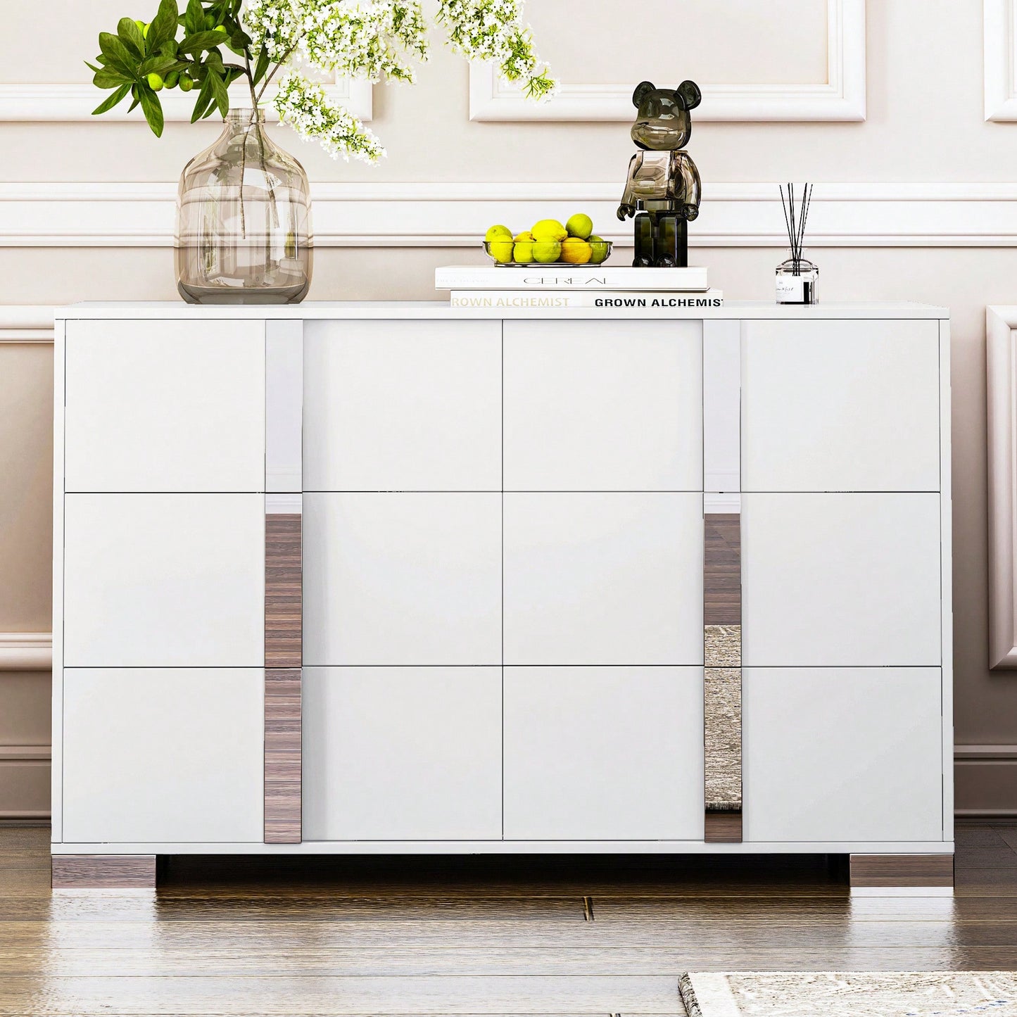 Sleek White Mirrored Storage Cabinet With 6 Drawers And Metal Handles For Bedroom And Living Room Organization