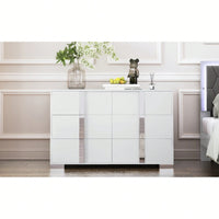 Sleek White Mirrored Storage Cabinet With 6 Drawers And Metal Handles For Bedroom And Living Room Organization