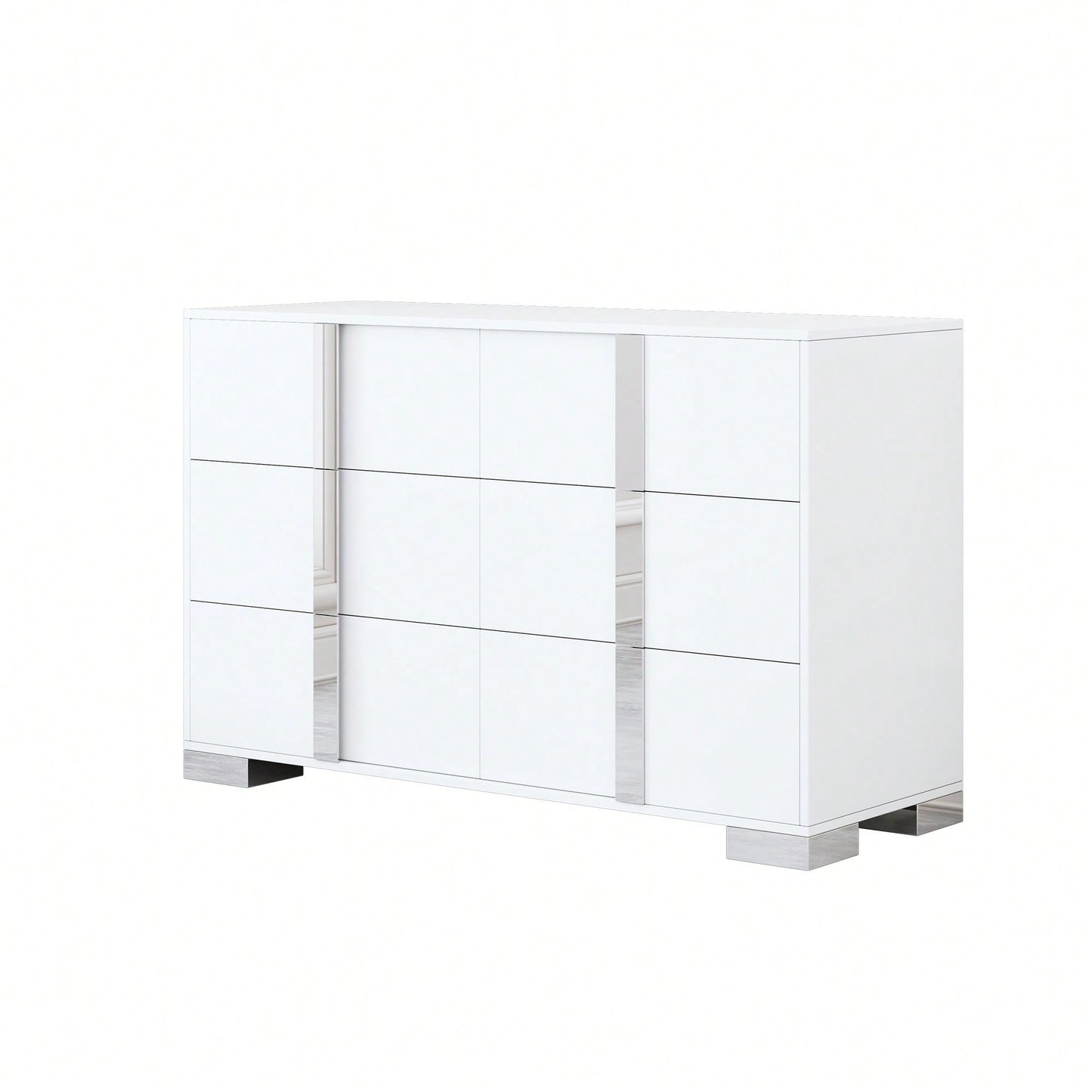 Sleek White Mirrored Storage Cabinet With 6 Drawers And Metal Handles For Bedroom And Living Room Organization