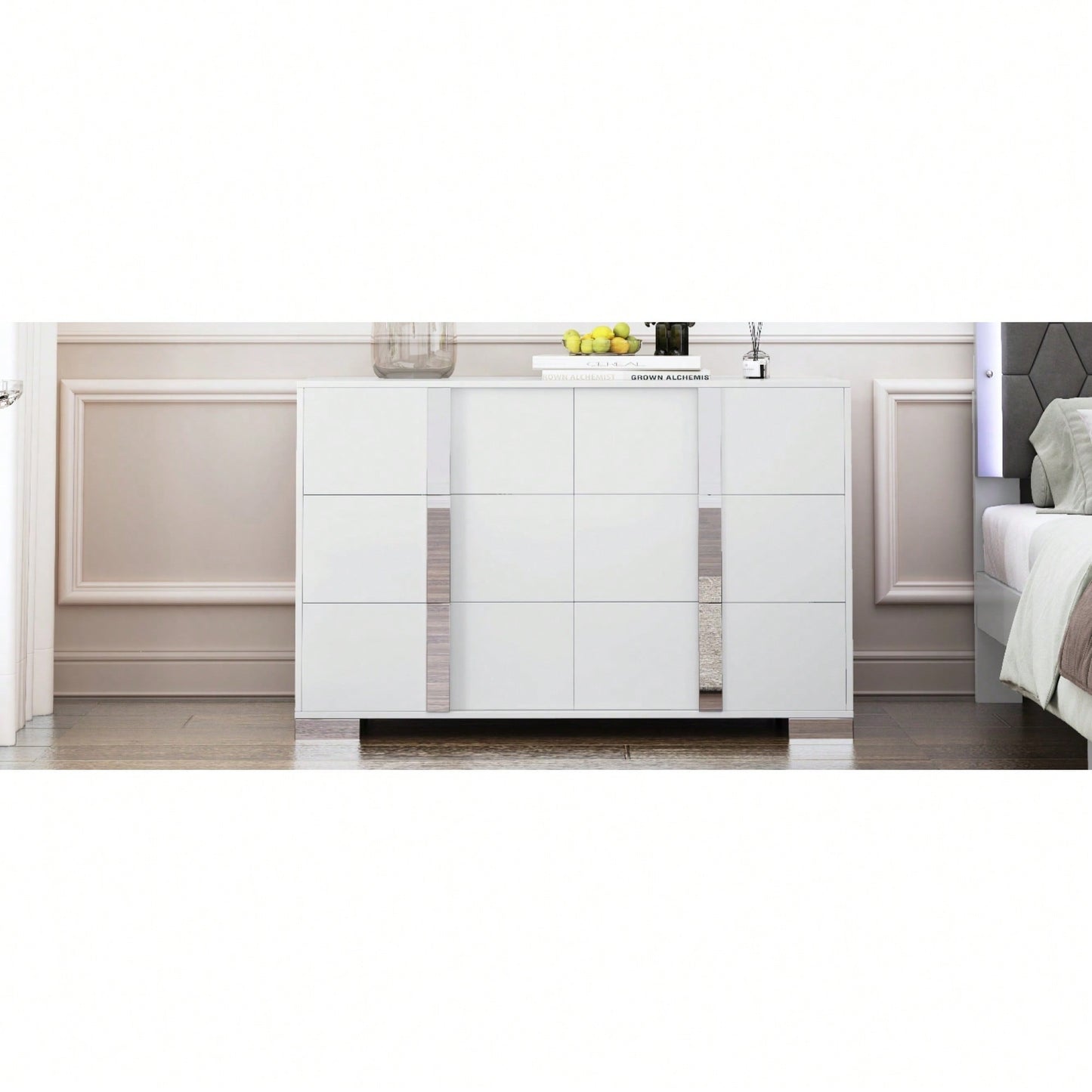 Sleek White Mirrored Storage Cabinet With 6 Drawers And Metal Handles For Bedroom And Living Room Organization