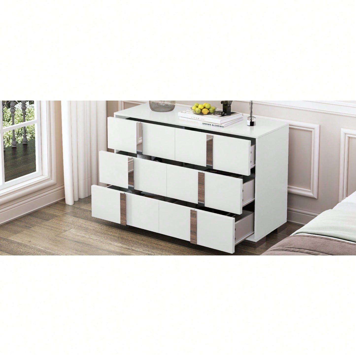 Sleek White Mirrored Storage Cabinet With 6 Drawers And Metal Handles For Bedroom And Living Room Organization