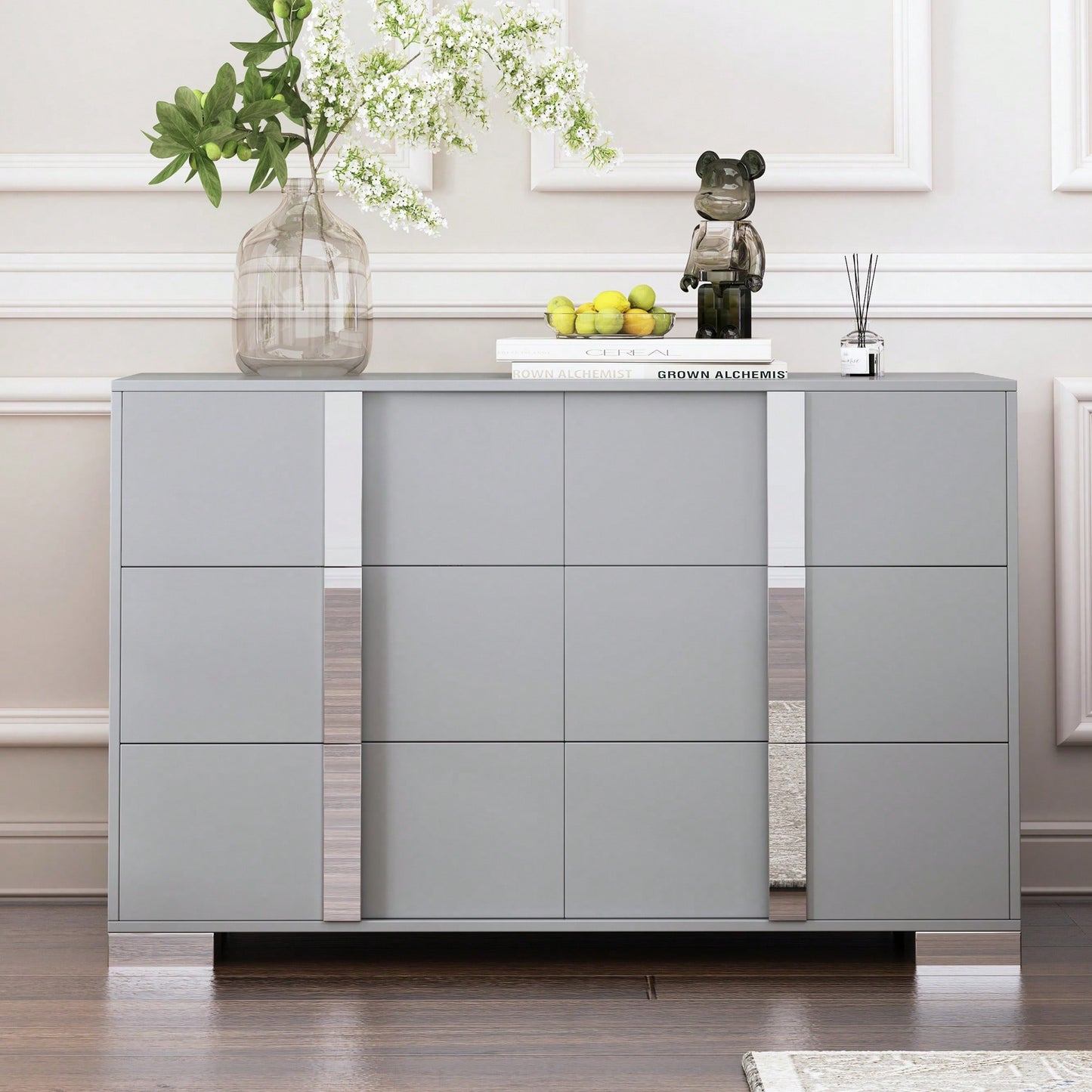 Sleek White Mirrored Storage Cabinet With 6 Drawers And Metal Handles For Bedroom And Living Room Organization