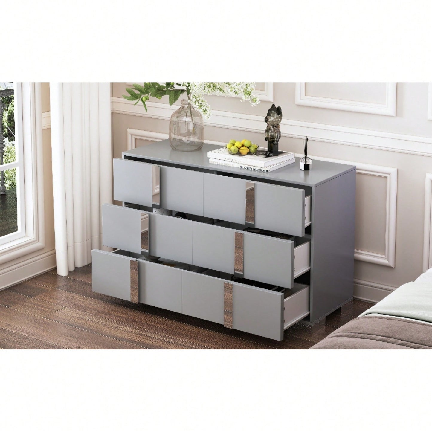 Sleek White Mirrored Storage Cabinet With 6 Drawers And Metal Handles For Bedroom And Living Room Organization