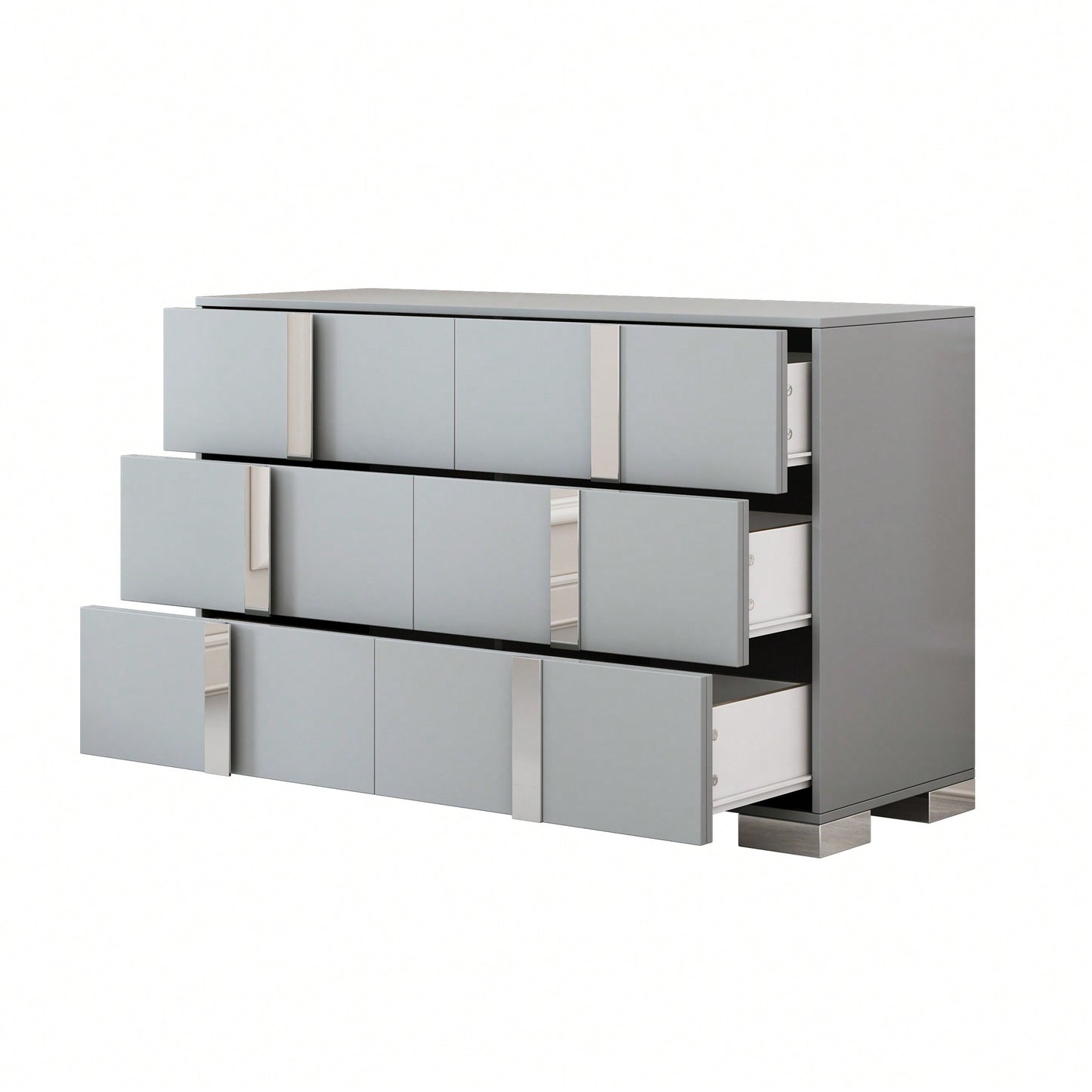 Sleek White Mirrored Storage Cabinet With 6 Drawers And Metal Handles For Bedroom And Living Room Organization