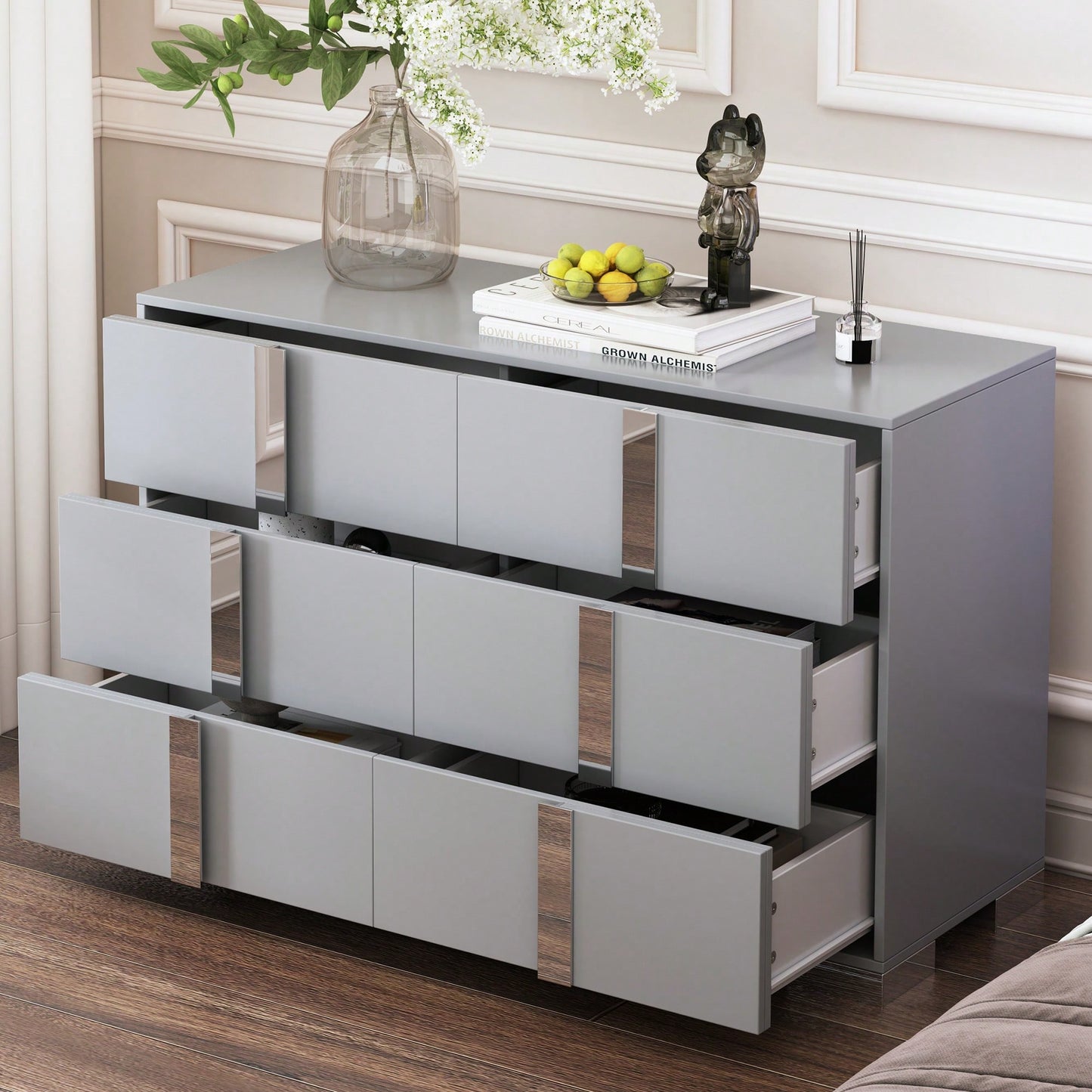 Sleek White Mirrored Storage Cabinet With 6 Drawers And Metal Handles For Bedroom And Living Room Organization