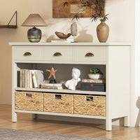 Vintage Console Table With Drawers And Woven Water Hyacinth Baskets For Entryway And Living Room In Espresso Finish