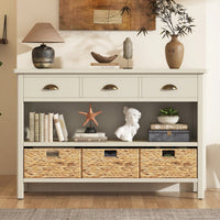 Vintage Console Table With Drawers And Woven Water Hyacinth Baskets For Entryway And Living Room In Espresso Finish