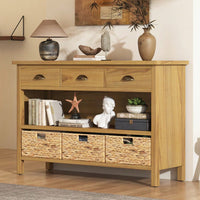 Vintage Console Table With Drawers And Woven Water Hyacinth Baskets For Entryway And Living Room In Espresso Finish