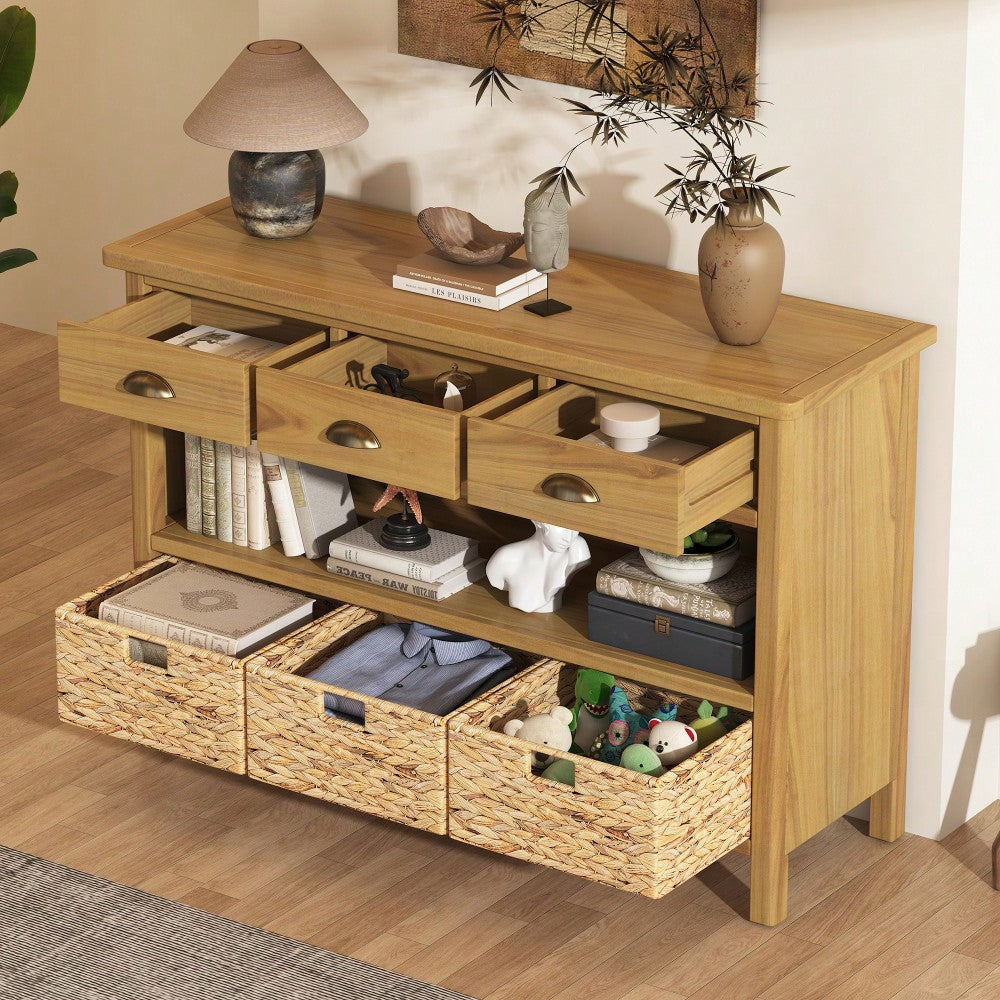 Vintage Console Table With Drawers And Woven Water Hyacinth Baskets For Entryway And Living Room In Espresso Finish