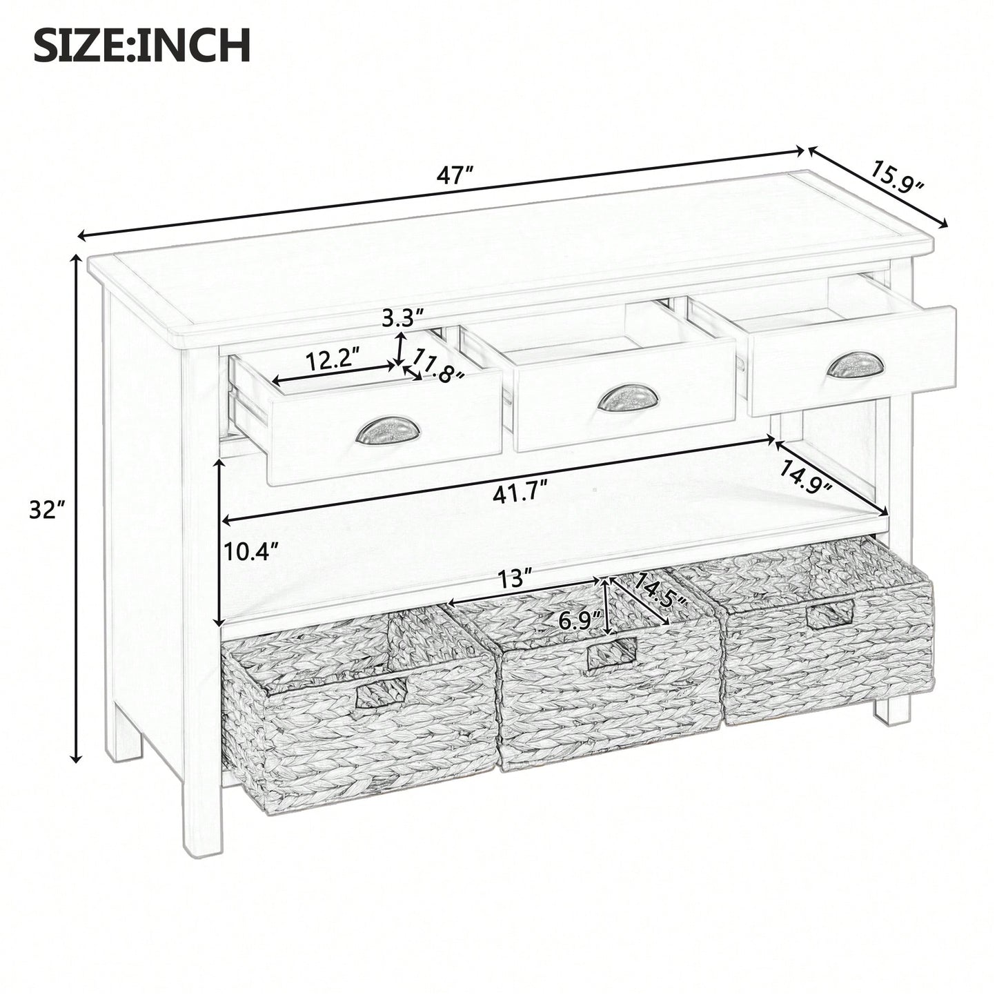 Vintage Console Table With Drawers And Woven Water Hyacinth Baskets For Entryway And Living Room In Espresso Finish