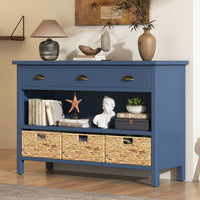 Vintage Console Table With Drawers And Woven Water Hyacinth Baskets For Entryway And Living Room In Espresso Finish