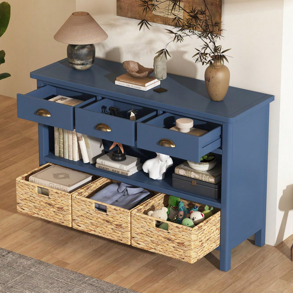 Vintage Console Table With Drawers And Woven Water Hyacinth Baskets For Entryway And Living Room In Espresso Finish