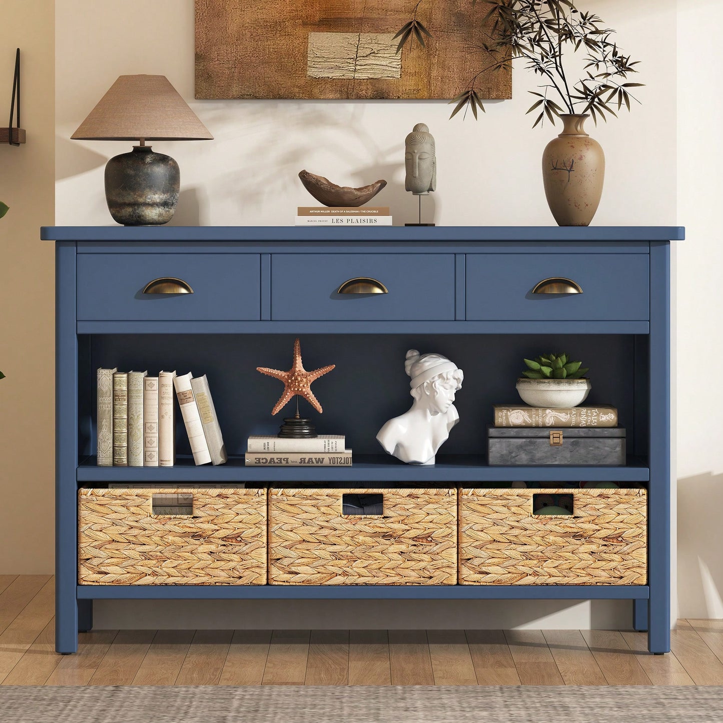 Vintage Console Table With Drawers And Woven Water Hyacinth Baskets For Entryway And Living Room In Espresso Finish