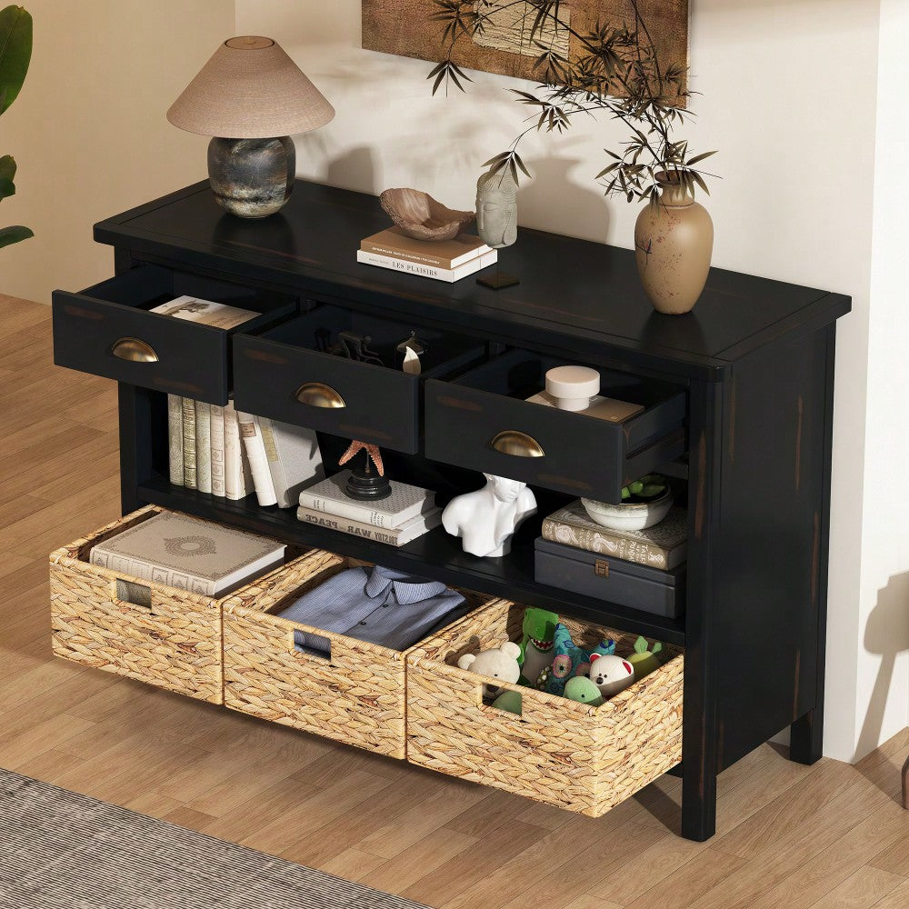 Vintage Console Table With Drawers And Woven Water Hyacinth Baskets For Entryway And Living Room In Espresso Finish