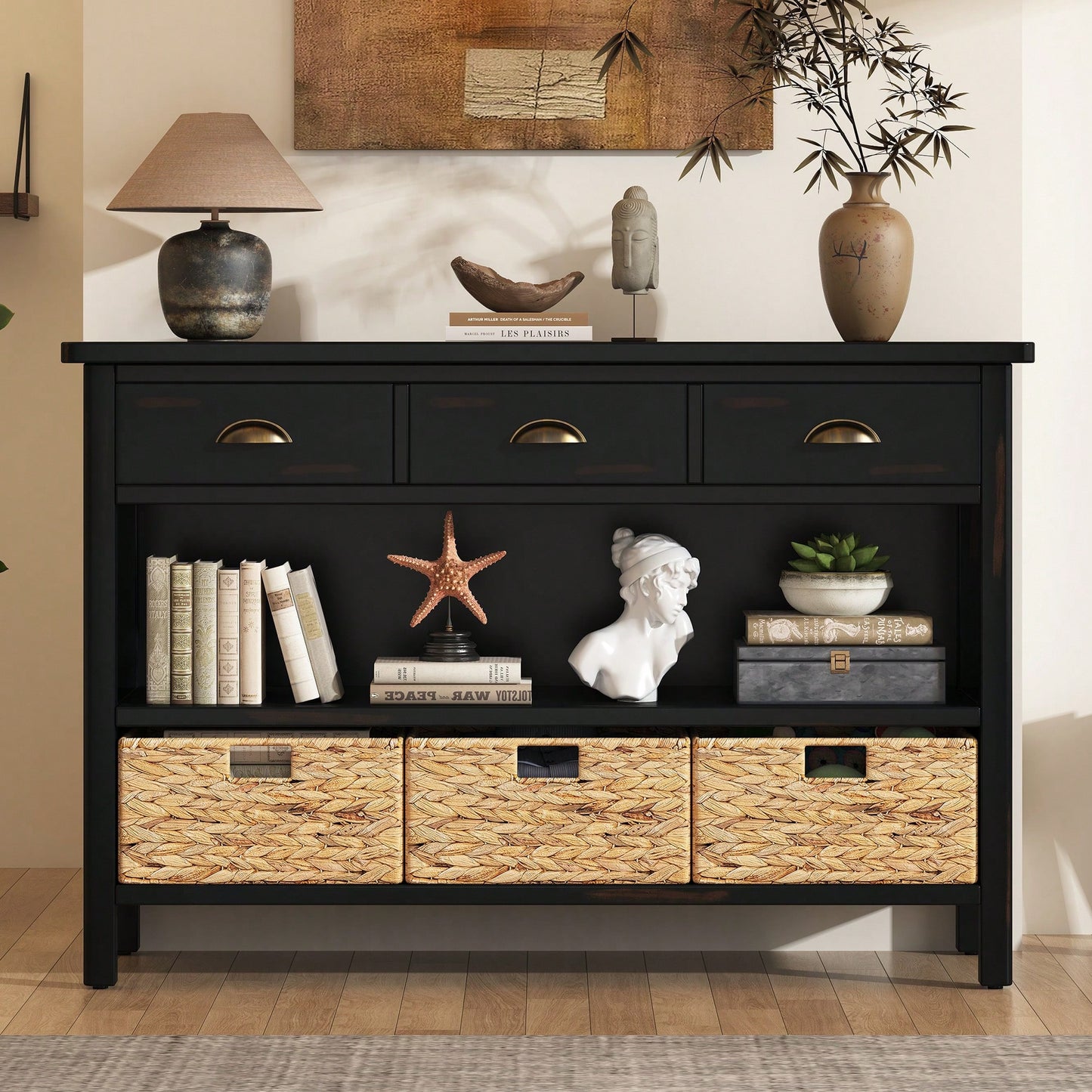 Vintage Console Table With Drawers And Woven Water Hyacinth Baskets For Entryway And Living Room In Espresso Finish