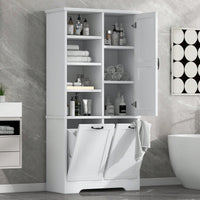 Versatile White Bathroom Storage Cabinet with Doors and Drawers, Tilt-Out Laundry Hamper, Adjustable Shelves, Freestanding Design