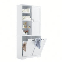 Versatile White Bathroom Storage Cabinet with Doors and Drawers, Tilt-Out Laundry Hamper, Adjustable Shelves, Freestanding Design