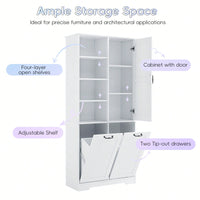 Versatile White Bathroom Storage Cabinet with Doors and Drawers, Tilt-Out Laundry Hamper, Adjustable Shelves, Freestanding Design