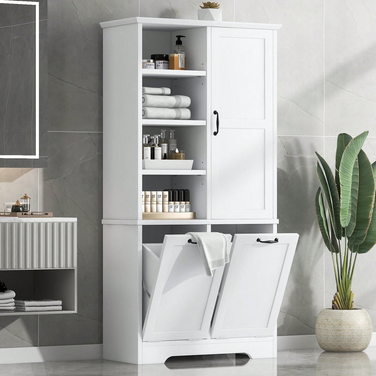 Versatile White Bathroom Storage Cabinet with Doors and Drawers, Tilt-Out Laundry Hamper, Adjustable Shelves, Freestanding Design