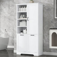 Versatile White Bathroom Storage Cabinet with Doors and Drawers, Tilt-Out Laundry Hamper, Adjustable Shelves, Freestanding Design