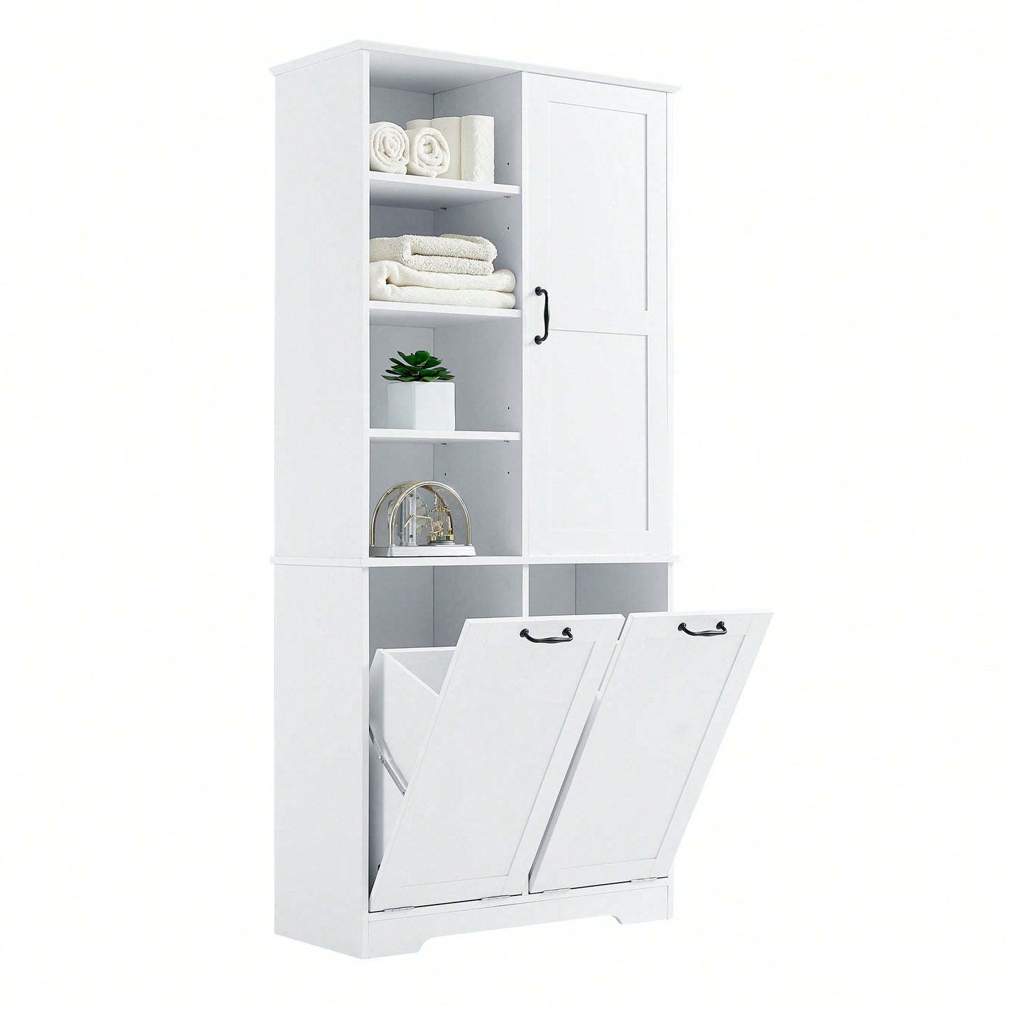 Versatile White Bathroom Storage Cabinet with Doors and Drawers, Tilt-Out Laundry Hamper, Adjustable Shelves, Freestanding Design