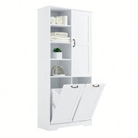 Versatile White Bathroom Storage Cabinet with Doors and Drawers, Tilt-Out Laundry Hamper, Adjustable Shelves, Freestanding Design