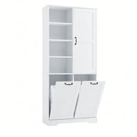 Versatile White Bathroom Storage Cabinet with Doors and Drawers, Tilt-Out Laundry Hamper, Adjustable Shelves, Freestanding Design