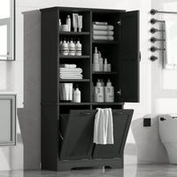 Versatile White Bathroom Storage Cabinet with Doors and Drawers, Tilt-Out Laundry Hamper, Adjustable Shelves, Freestanding Design