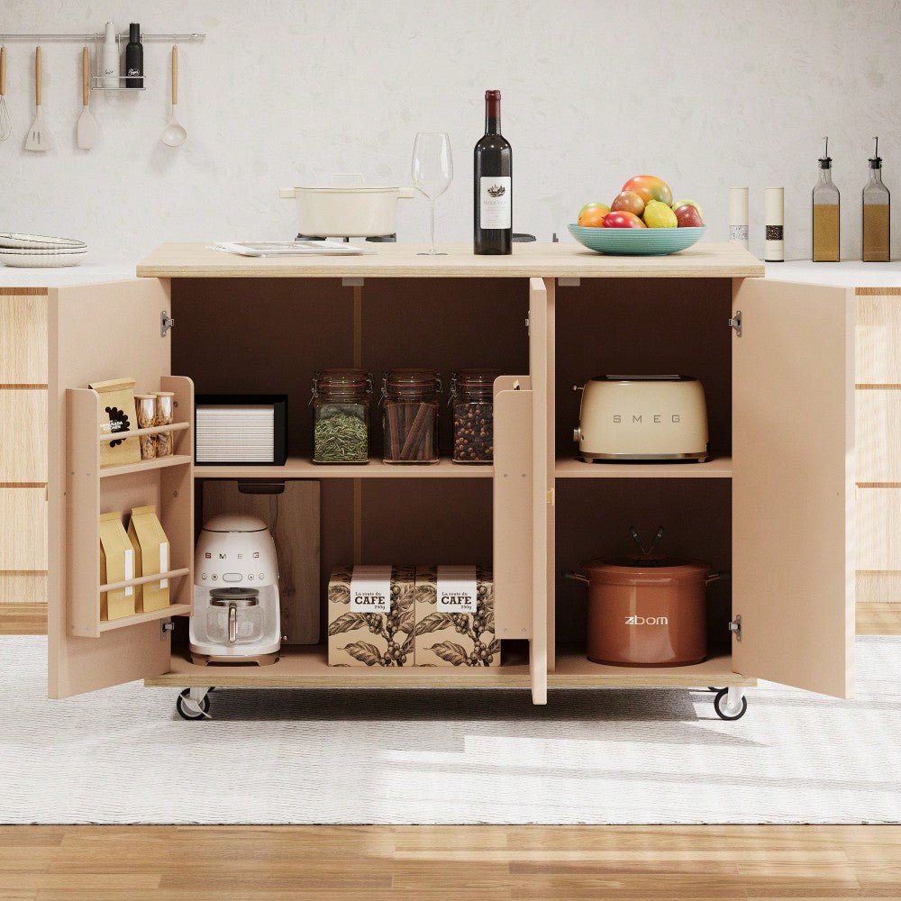 Coastal Solid Wood Handwoven Kitchen Island With Drop Leaf And Internal Storage Rack On Wheels, Champagne Finish