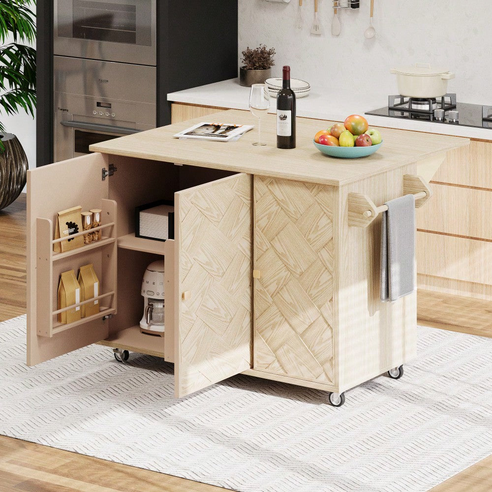 Coastal Solid Wood Handwoven Kitchen Island With Drop Leaf And Internal Storage Rack On Wheels, Champagne Finish