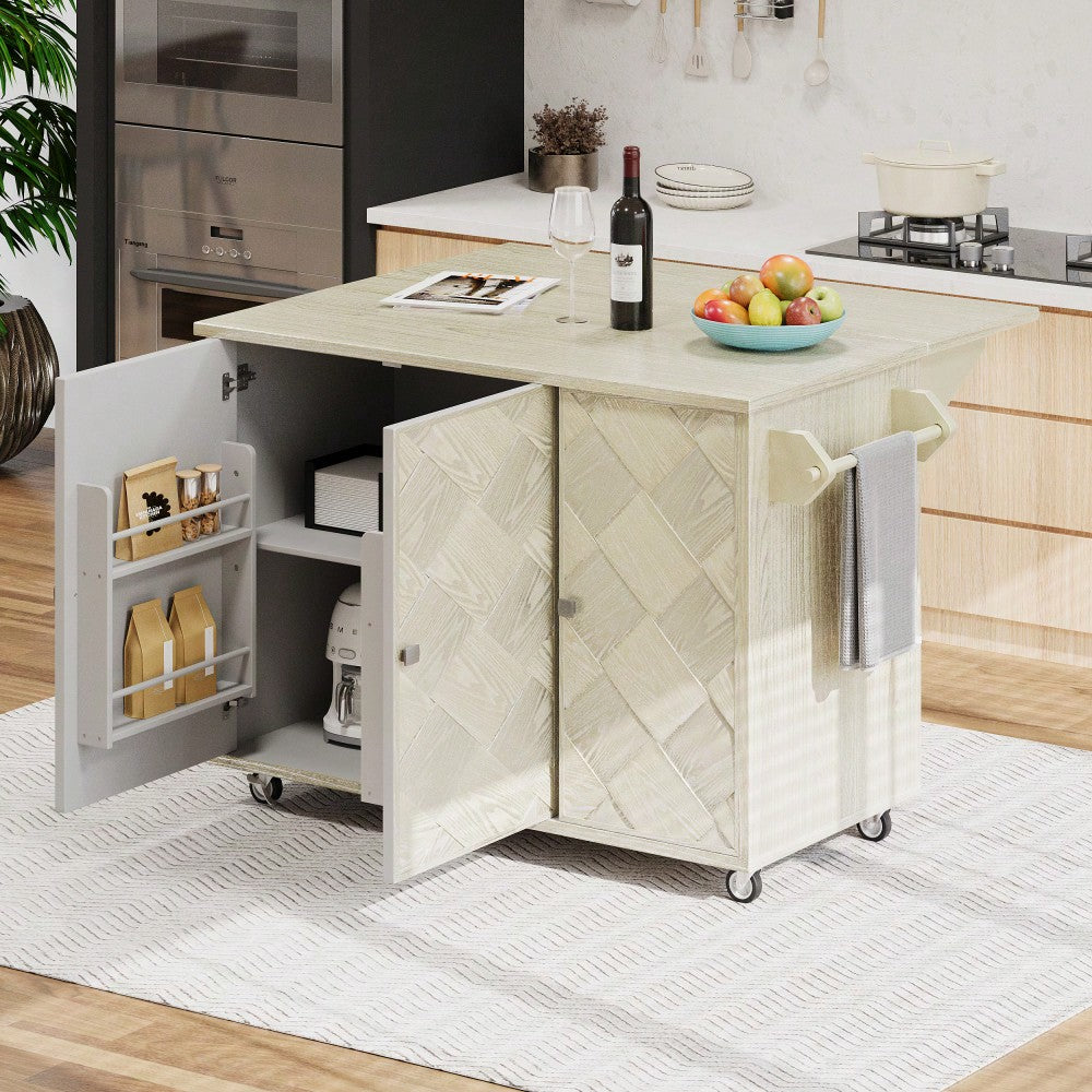 Coastal Solid Wood Handwoven Kitchen Island With Drop Leaf And Internal Storage Rack On Wheels, Champagne Finish