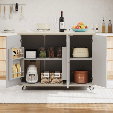 Coastal Solid Wood Handwoven Kitchen Island With Drop Leaf And Internal Storage Rack On Wheels, Champagne Finish