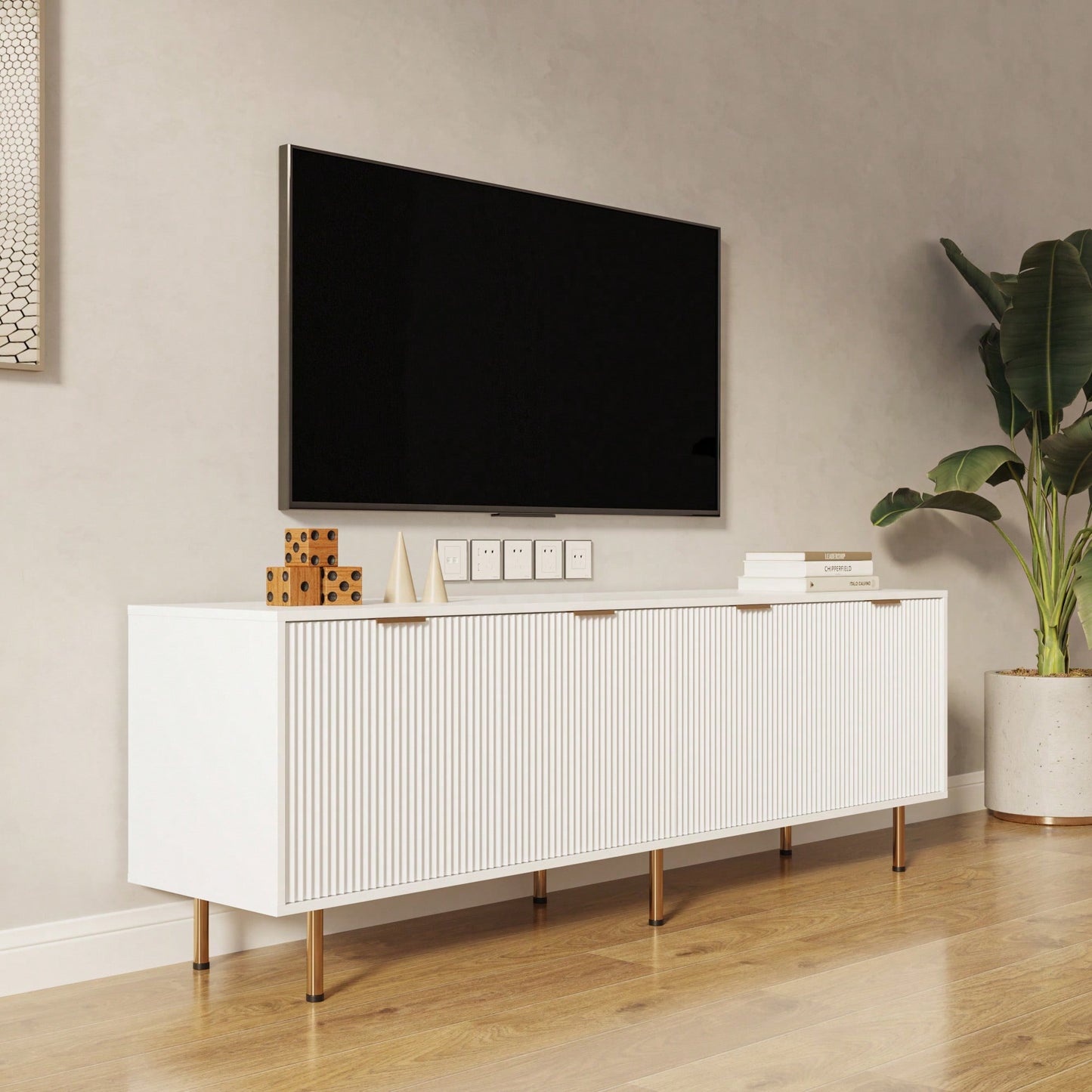 Modern Warm White TV Stand For 80 Inch TVs Ideal For Living Room And Bedroom