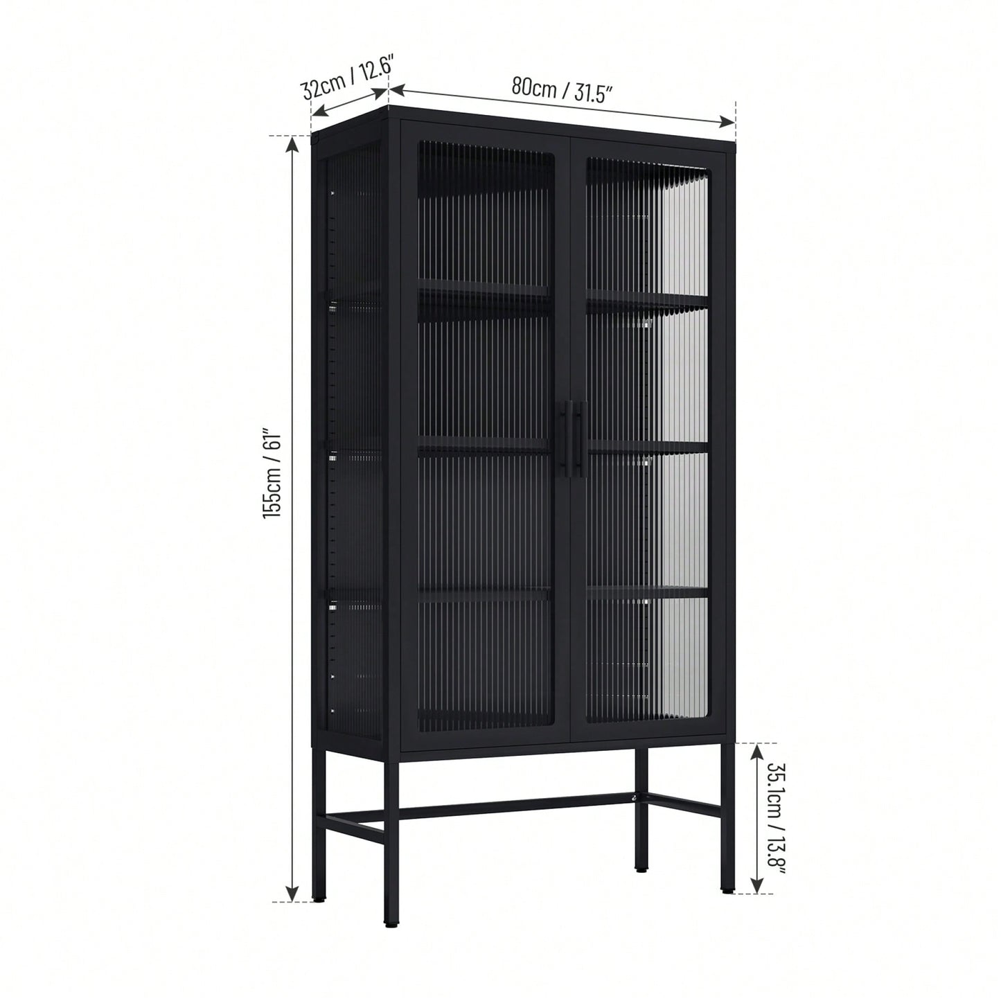 Double Glass Door Storage Cabinet With Adjustable Shelves Cold-Rolled Steel Sideboard For Living Room And Kitchen Black Finish