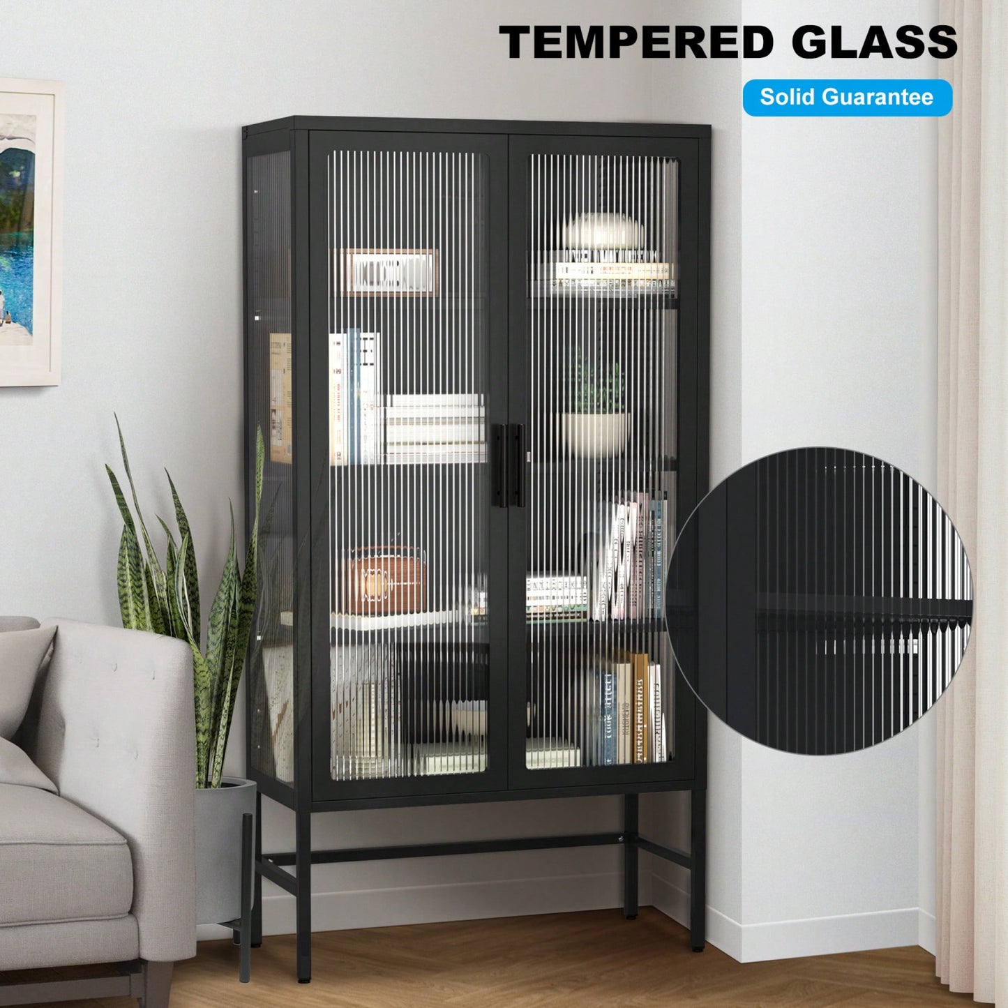 Double Glass Door Storage Cabinet With Adjustable Shelves Cold-Rolled Steel Sideboard For Living Room And Kitchen Black Finish