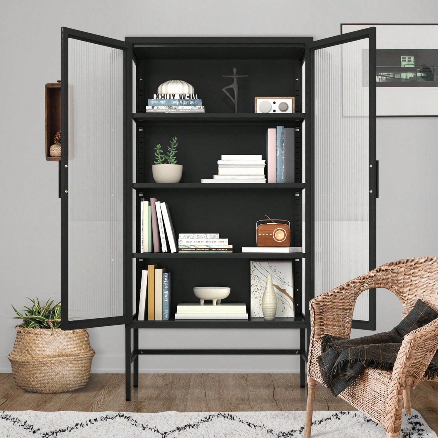 Double Glass Door Storage Cabinet With Adjustable Shelves Cold-Rolled Steel Sideboard For Living Room And Kitchen Black Finish