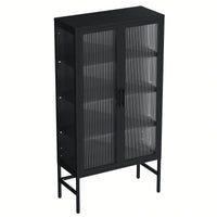 Double Glass Door Storage Cabinet With Adjustable Shelves Cold-Rolled Steel Sideboard For Living Room And Kitchen Black Finish