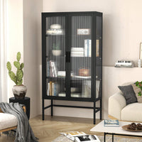 Double Glass Door Storage Cabinet With Adjustable Shelves Cold-Rolled Steel Sideboard For Living Room And Kitchen Black Finish